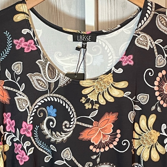 Lbisse Black Coral Floral Scoop Neck Shift Dress Misses L 12/14 Stretch Knit NEW - Picture 2 of 5
